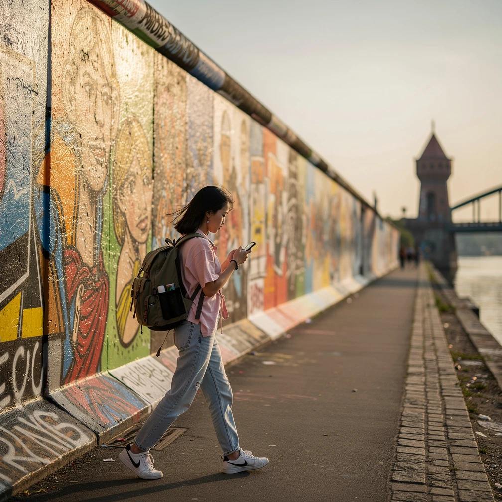 Sinh viên Việt Nam đi dọc East Side Gallery ở Berlin, chi phí thực tập tại Đức 2026